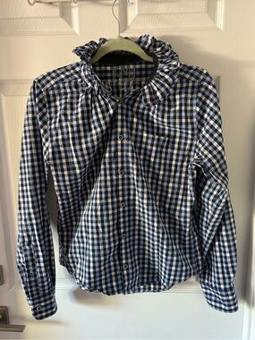 KMJ Kate McHale Jensen Upcycled Gingham Ruffle Neck Blouse Shirt Navy Small